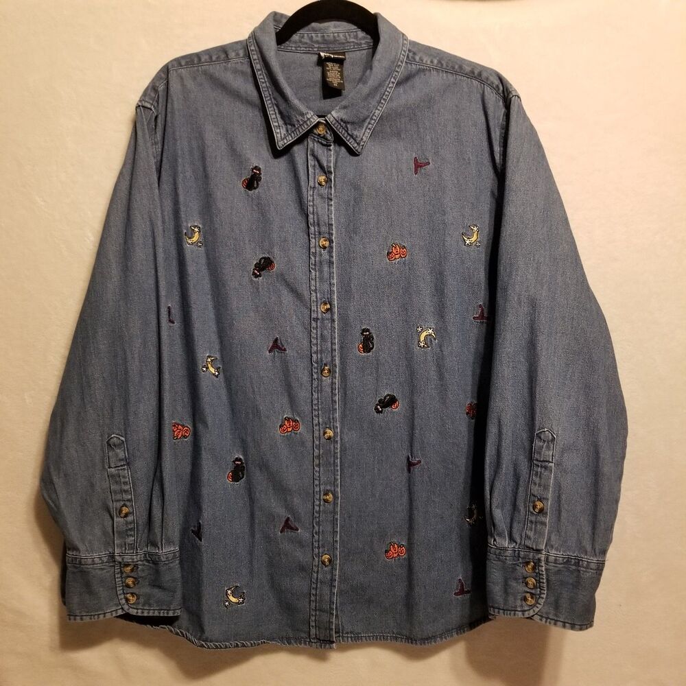 Holiday Editions 3X Shirt Halloween Denim Button Pumpkin Black Cat Star Moon